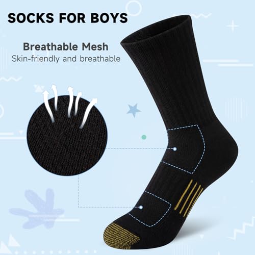 Comfoex Boys Athletic Crew Socks 6 Pairs Black 4-10 Years Variation 7-10