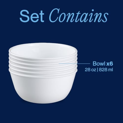 Corelle Vitrelle 28oz Bowls Set of 6 Winter Frost White – 6PC 28-Ounce, Chip & Crack Resistant