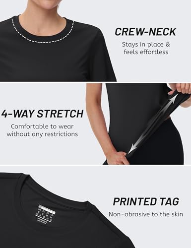 Women's Short Sleeve Workout Shirt - UPF 50+ Sun Protection, Quick Dry Athletic Tee - Black, Medium