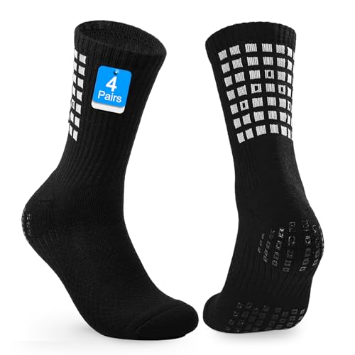 Anti-Slip Grip Soccer Socks - Cushioned Sports Sock, Black - 4 Pairs, Medium