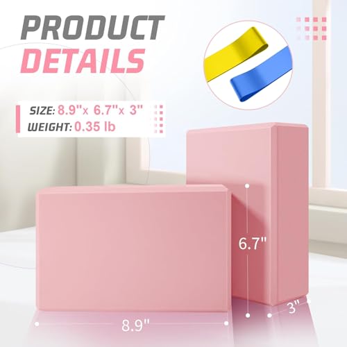 Yoga Blocks 2 Pack - Foam, Non-Slip with Stretch Band - Pink