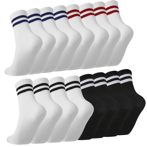 8 Pair Striped Athletic Crew Socks - One Size, Blue/Red/Black/White Stripes