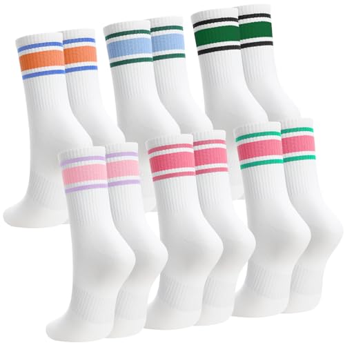 Striped Athletic Crew Socks for Women - 6 Pairs in Orange, Blue, Green, Pink