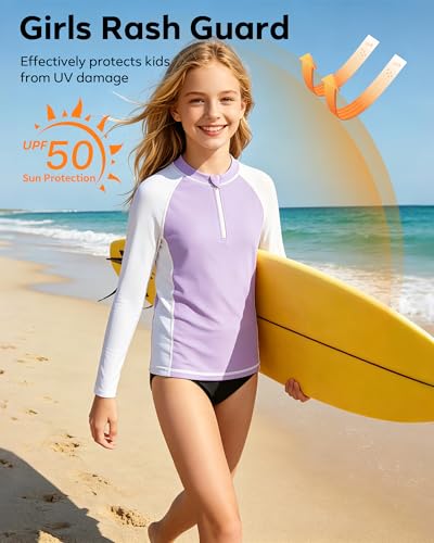 Rash Guard for Girls - UPF 50+ UV Protection Swim Shirt, Zip Up, Long Sleeve - Purple/White, 13-14 Years