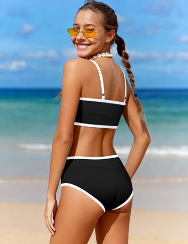 Girls Two-Piece Scoop Neck Bikini Set - High Waist, Adjustable Straps, Black + White, 15-16 Years