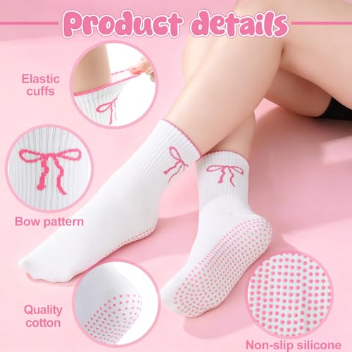 Non-Slip Pilates Grip Yoga Socks for Women - 6 Pairs, Pink & White with Bow