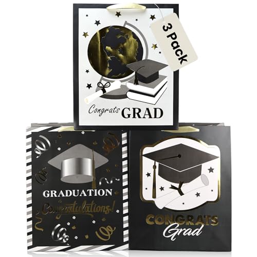 Large Graduation Gift Bags with Handles - 3-Pack Foil Embellished