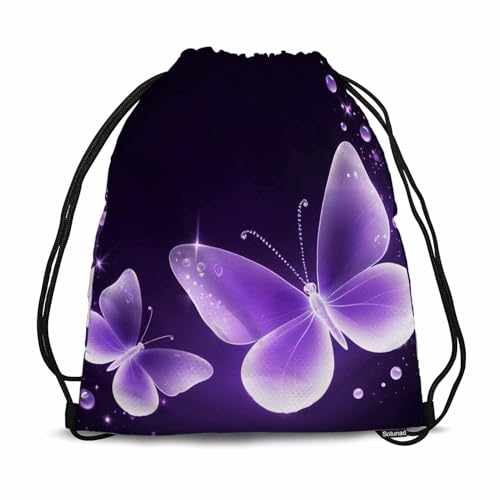 Two Butterfly Drawstring Gym Backpack - Bright Purple 14x16.9 Inch Women Men