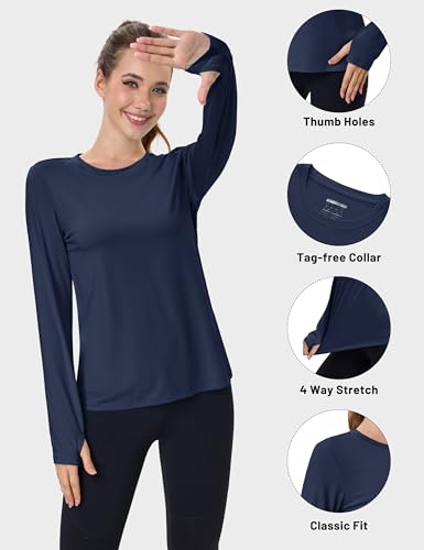 MAGCOMSEN Women’s Rash Guard Tshirt UPF 80+ Sun Shirt Swim Top – Navy Blue, Medium