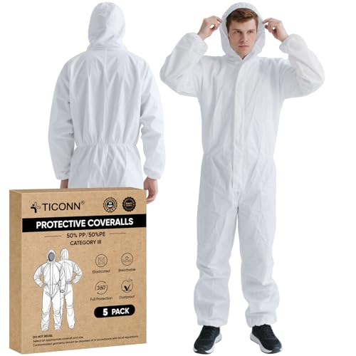 TICONN Hazmat Suit Disposable Coveralls, Full Body Protective Lab Coveralls, Breathable Paint Suit for Men Women