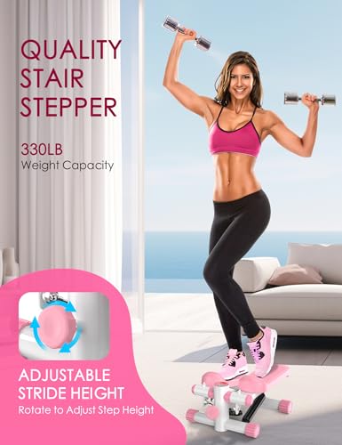 Mini Stepper with Resistance Bands - Adjustable Height, 330LBS Capacity - Pink