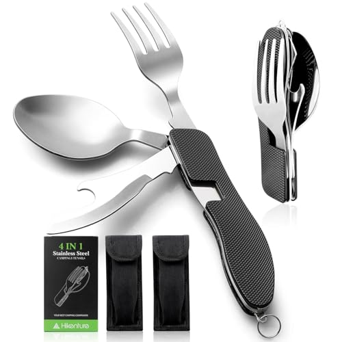 HIKENTURE 2-Pack Black Camping Utensils 4-in-1 Foldable Spoon Fork Knife Set
