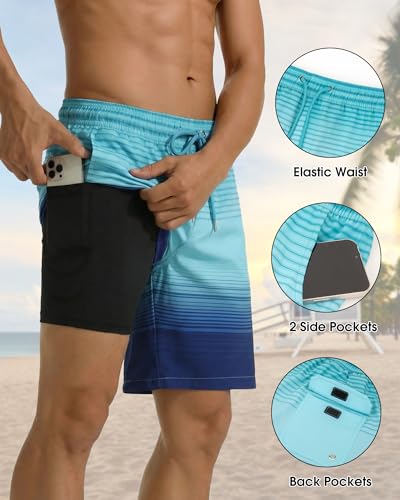 Justay 2 in 1 Mens Swim Trunks 7 Inch, Beach Shorts with Pockets
