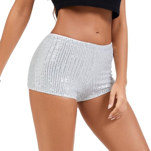 Women's White Sequin Micro Shorts X-Small Sparkly Low Rise Y2K Mini Shorts