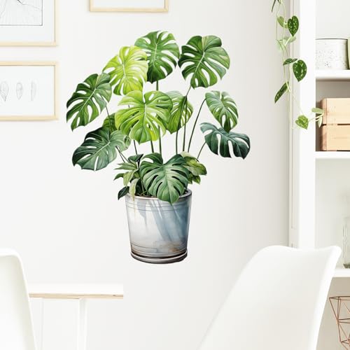 Monstera Wall Stickers for Living Room Potted Plants Tropic Leaves Wall Decal Peel and Stick Wall Art Home Decor Decoration for Bedroom Bathroom Classroom Library Nursery
