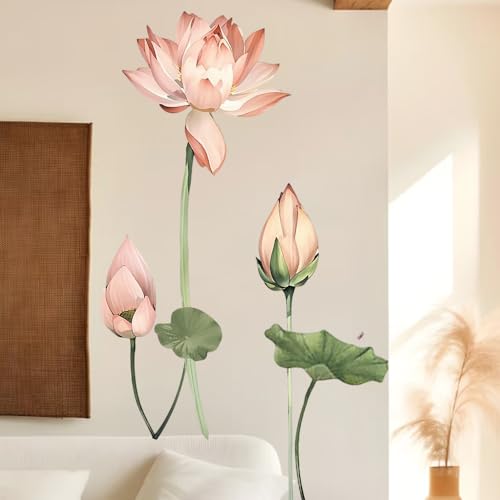 DIY Watercolor Lotus Bunch Big Wall Stickers,Vinyl Wall Art Peal and Stick for Bathroom Restroom Bedroom Living Room,Home Entrance Backdrop Decorations(Lotus, 24''x47'')