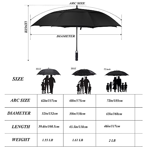 Windproof Golf Umbrella - 62 Inch Double Canopy - Black
