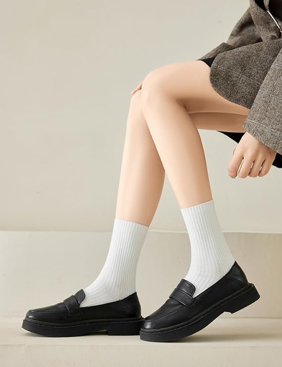 Womens Crew Socks - Lightweight Cotton Aesthetic Long Socks - White