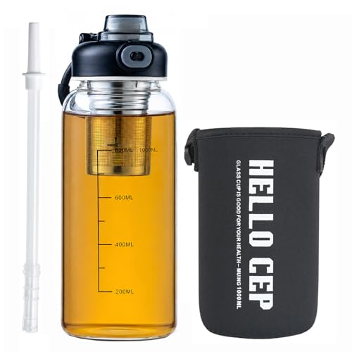 Wangsdjy 34oz Glass Water Bottle with Straw & Infuser - BPA-Free, Large Capacity, Protective Sleeve, 1PCS