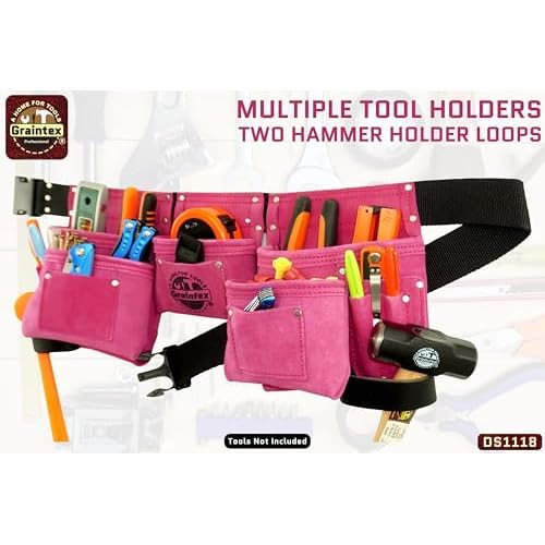 Graintex DS1118 8 Pocket Pink Tool Belt in Suede Leather with 2¡± Webbing Belt, 2 Leather Hammer Holders Loops