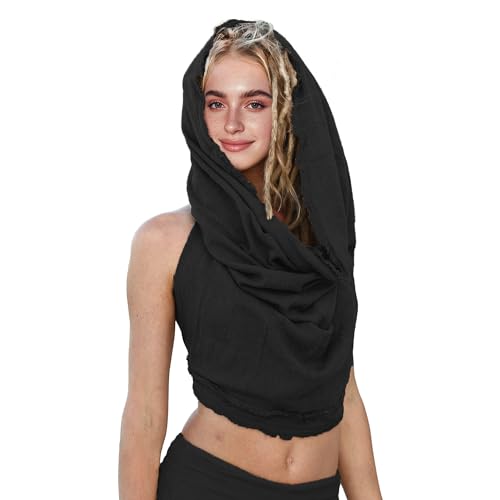 CosInStyle Women's Black Crop Tank Top - Halter, Open Back, Cross Wrap, One Size, Cotton Cover Up