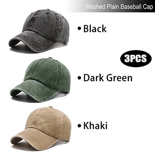 Vintage Washed Cotton Baseball Cap - Dark Green, Black & Khaki, Adjustable Dad Hat for Men & Women - Medium-Large