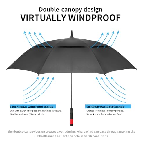 Large Windproof Waterproof Golf Umbrella - 62 Inch Black-Red Handle