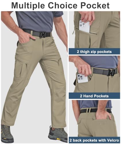Buyboxs Men's Waterproof Cargo Hiking Pants 32W x 30L Khaki - Lightweight, Quick Dry Outdoor Travel Pants with 6 Pockets