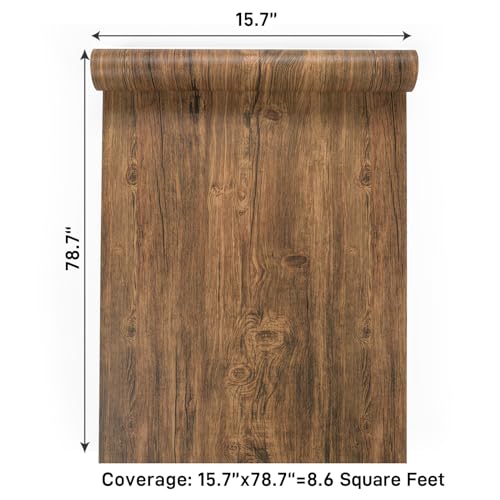 VaryPaper 15.7''x78.7'' Rustic Dark Brown Wood Peel and Stick Wallpaper Wood Grain Contact Paper for Countertops Waterproof Removable Self Adhesive Wooden Vinyl Wrap for Cabinets Desk Table Furniture