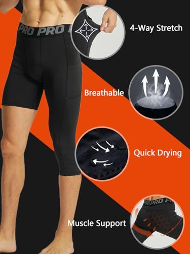 KAHEYQI 2 Pack Men's Compression Tights for Basketball, 3/4 Length Leg Pants, Black/White, Large