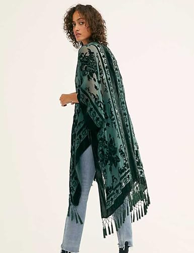 BohemyanRace Women's Burnout Velvet Kimono Cardigan Dark Green - Long Coverup with Tassels