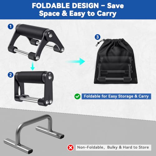 Black BeneLabel Foldable Steel Push Up Bars with Non-Slip Rubber Handles, Heavy Duty Workout Equipment for Home & Travel