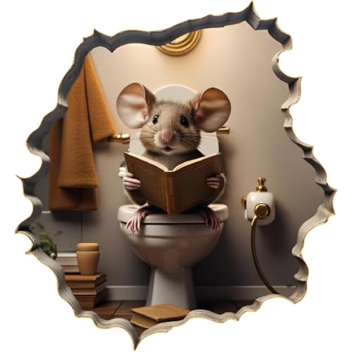 3D Mouse on Toilet Reading Book Wall Decal Sticker, Size 5 inches
