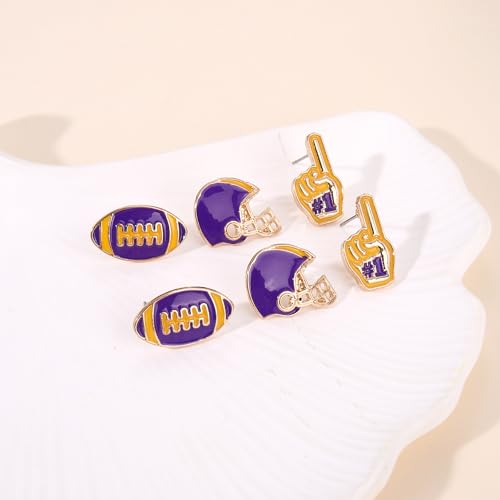 FAERLIIRY Football Earrings for Women Game Day Jewelry Team Support Purple Yellow 3 Pairs