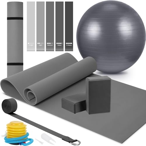 Yoga Starter Kit - 10 Piece Set with Mat, Blocks, Ball, Bands - Gray