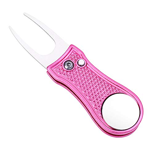 Golf Divot Repair Tool - Foldable Metal with Magnetic Ball Marker - Pink Bone