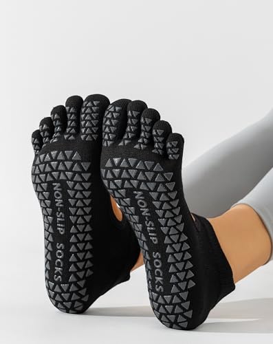 Yawlsow 3 Pairs Women Toe Socks with Grips, Non-Slip Yoga & Pilates Socks, One Size, Black (Set of 3)