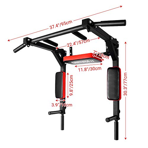 Wall Mounted Pull Up Bar & Dip Station - Red, 440 Lbs Capacity