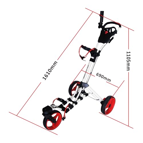 3-Wheel Golf Push Cart - 360° Swivel Wheel, One-Second Fold - White/Red