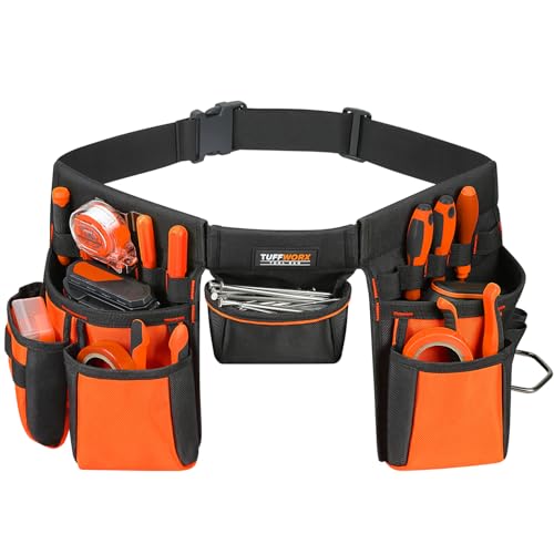 Tool Belt with Multiple Pockets, Heavy Duty Construction Pouch, Black and Orange