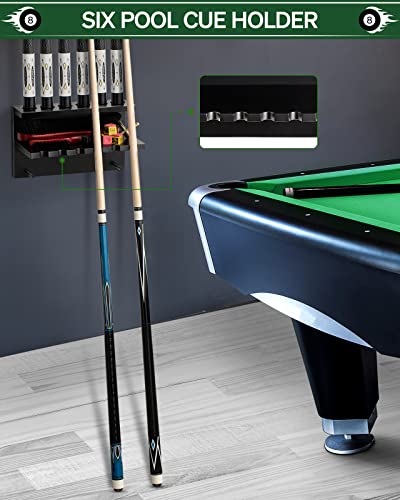 Wall Mount Pool Cue Rack - Hardwood Holder for 6 Cues - Black