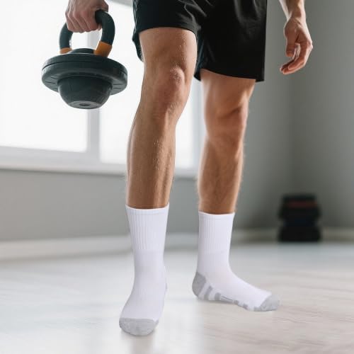 Men's Athletic Crew Socks - Cushioned, Breathable, Moisture Wicking - 12 Pairs, One Size, White