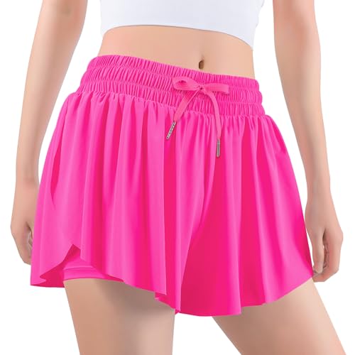 Auranso Girls Butterfly Shorts 2-in-1 Athletic Flowy Shorts with Pocket, 7-8 Years Hot Pink