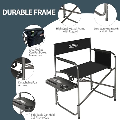 YOUNG WOOD IP Camping Directors Chair with Side Table & Storage - Lightweight Foldable Outdoor Chair Supports 400lbs, Black