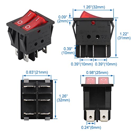 Dual Rocker Switch - 6-Pin DPST ON/OFF with Red LED - 1 Pack