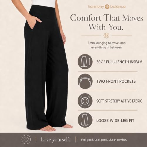 Harmony & Balance Palazzo Pants for Women - High Waisted Wide Leg Yoga Pants with Pockets (Medium, Black Flat Front)