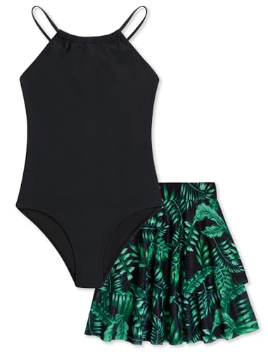 Girls One-Piece Mesh Skirt Swimsuit - Hawaiian Tree - 9-10 Years