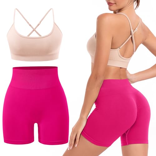Ourgifts Women's Pink Medium Workout Sets 2 Piece Yoga & Gym Outfit with High Waist & Scrunch Biker Shorts