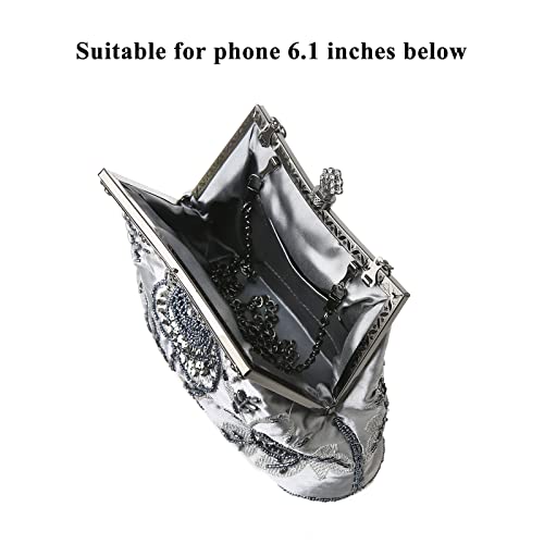 DA BODAN Grey Vintage Floral Beaded Rhinestone Clutch Bag for Bridal & Evening