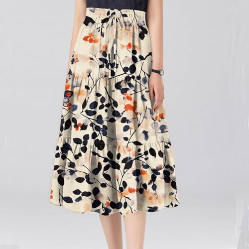 Womens Boho Floral Print Midi Skirt - Pleated A-Line - Beige Small